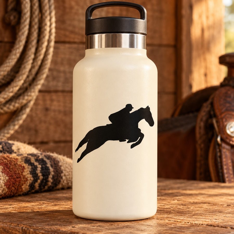 White water bottle with black jumping horse rider decal