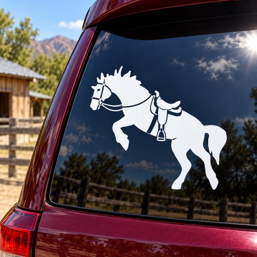 Horse jumping decal sticker on car rear window, white outline