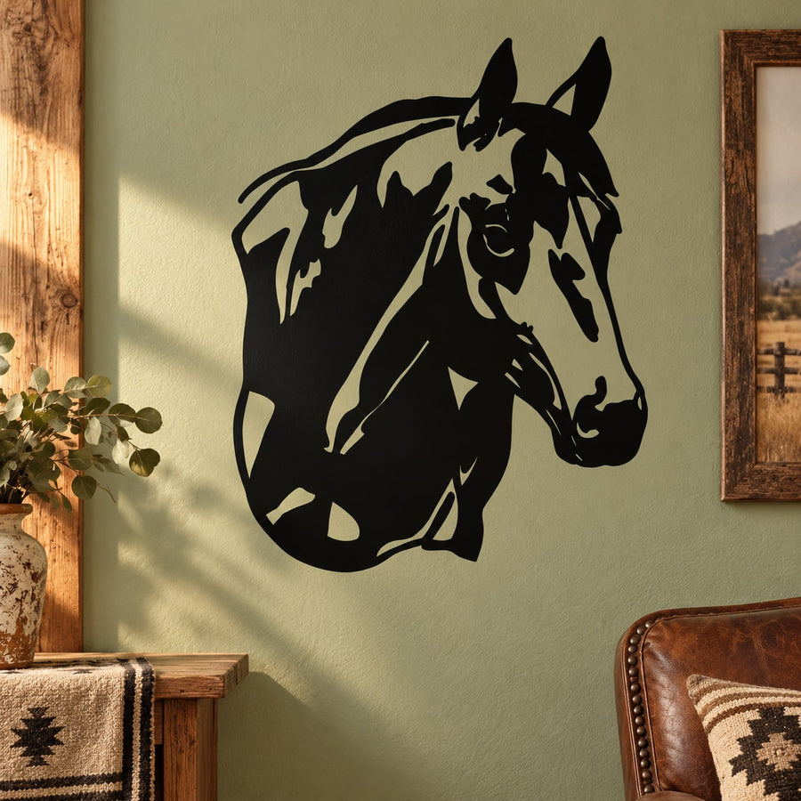 Watching horse head wall decal, bold black silhouette with detailed mane and ears