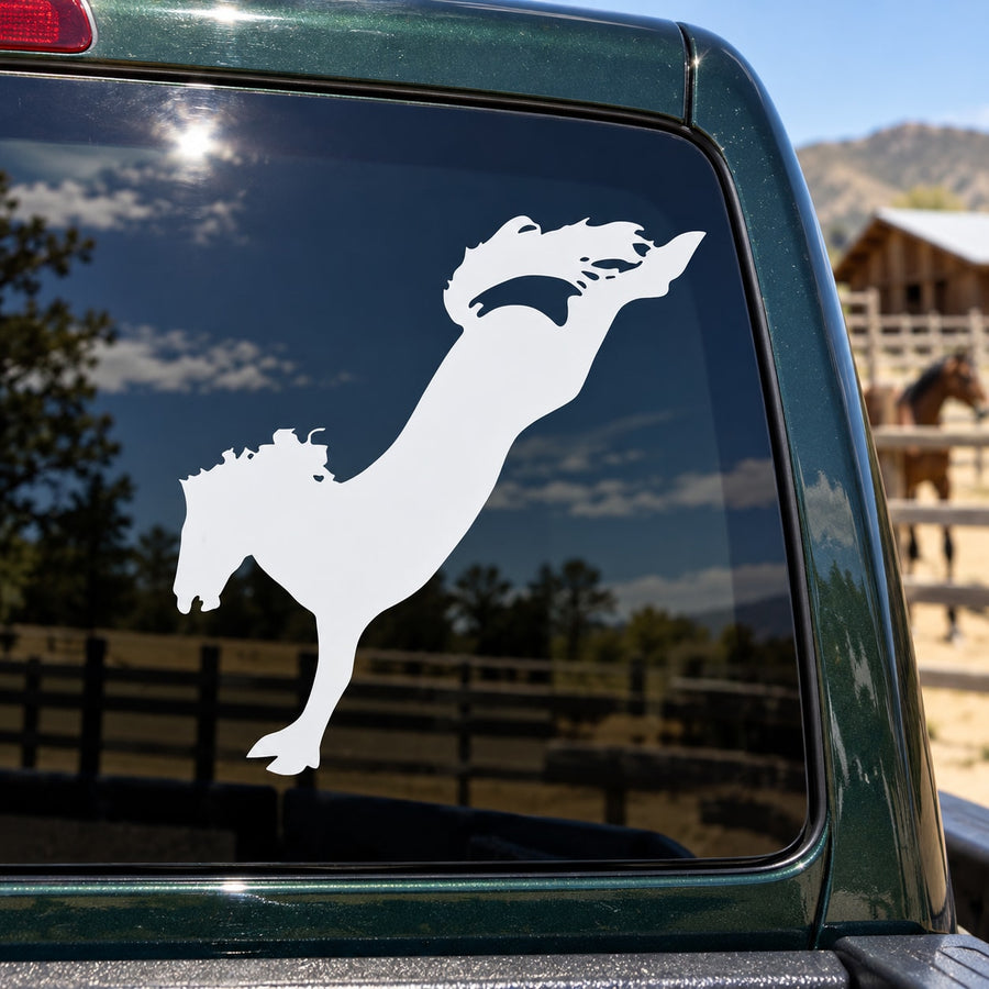 Horse landing decal with white silhouette on car window glass