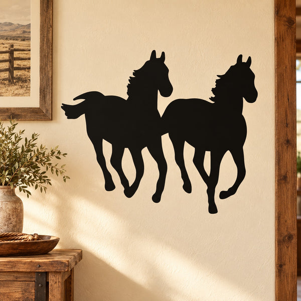 Black two-horse running silhouette decal, two rearing horses facing right.