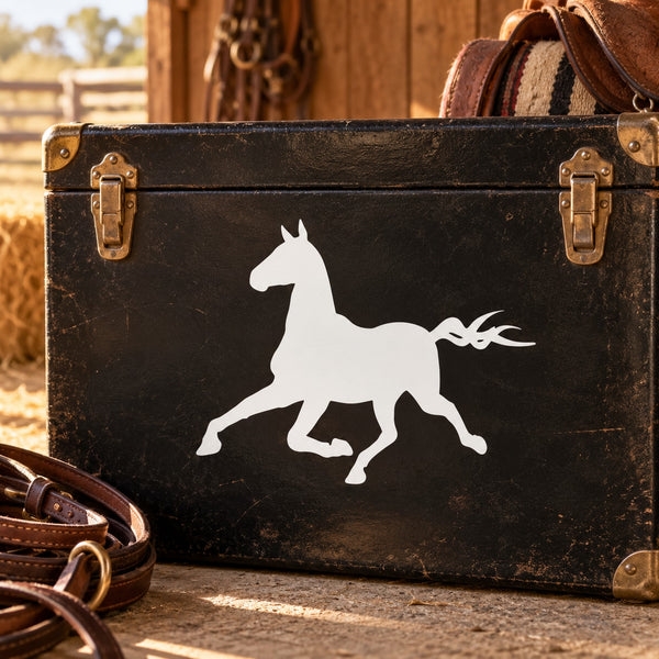 White running horse decal silhouette on dark luggage trunk