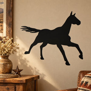 Galloping horse wall decal: black silhouette Cleveland Bay horse in mid-stride