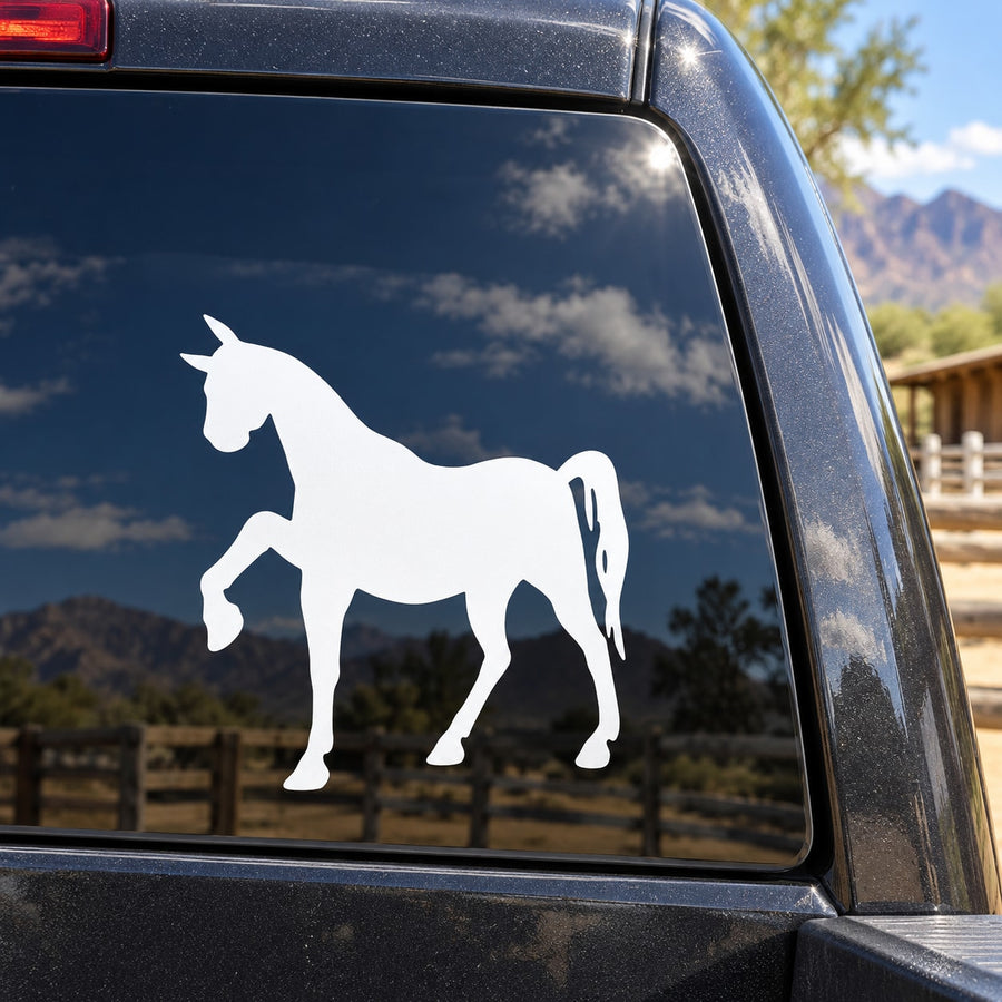 White horse trotting silhouette decal on car window glass