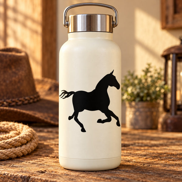 Galloping horse decal in black on a light bottle