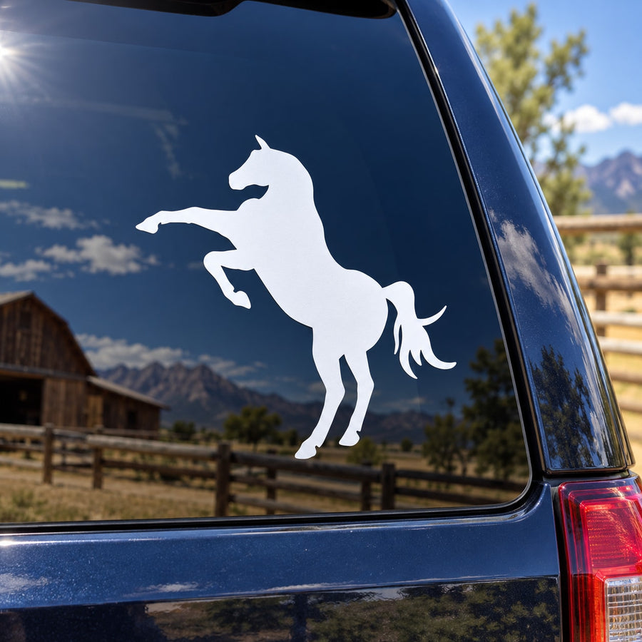 White rearing horse decal on car window glass, vinyl sticker silhouette