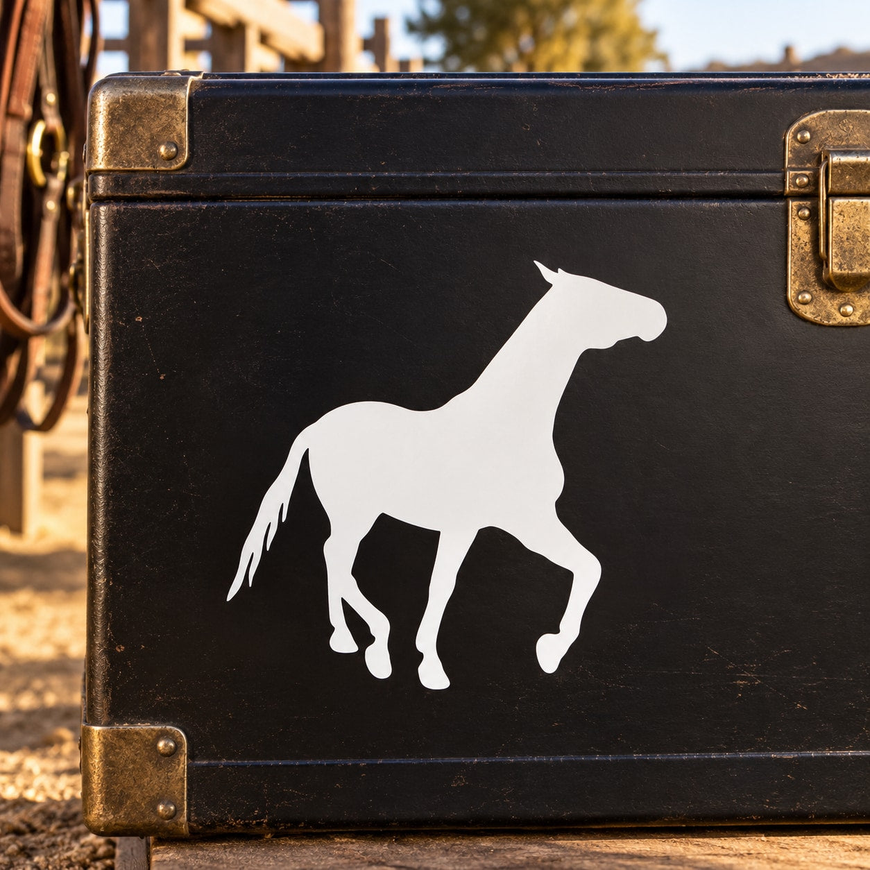 White prancing horse decal sticker on dark surface