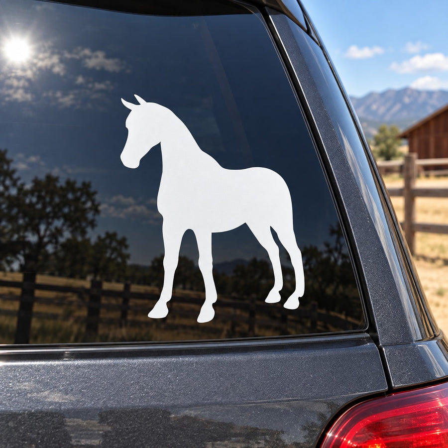 Standing horse decal with white silhouette on a car window