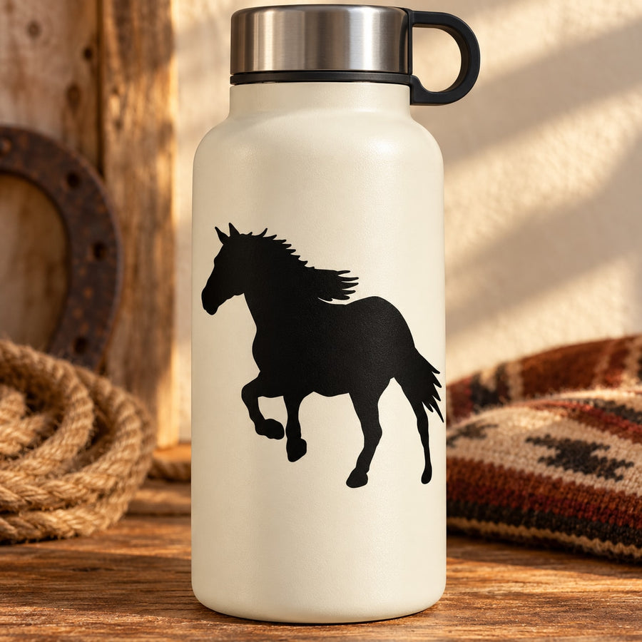 Black horse silhouette decal on light-colored bottle