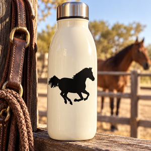 Running horse silhouette decal on white water bottle