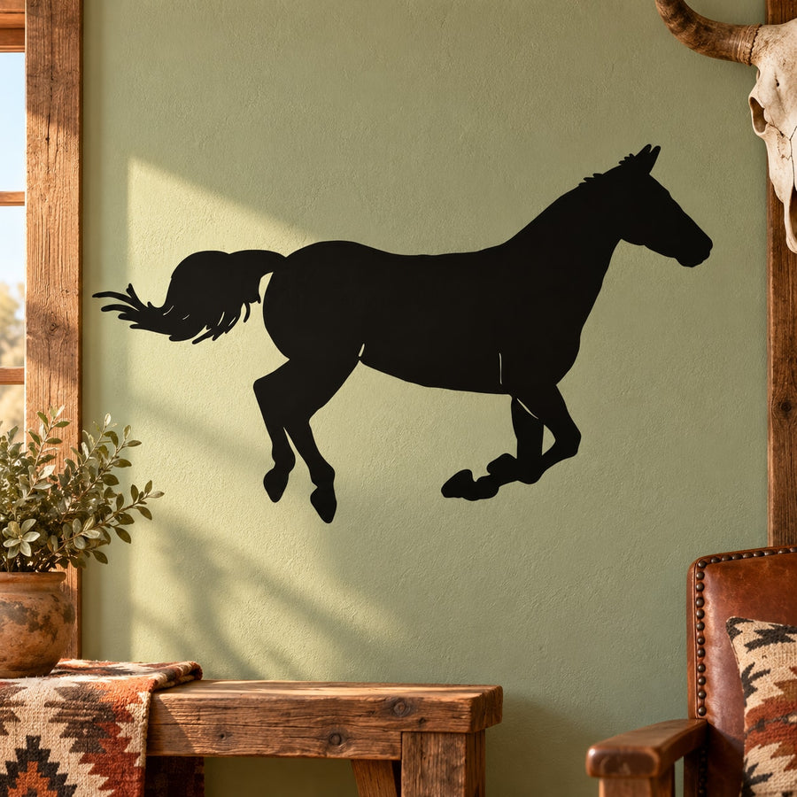Strong sprinter horse wall decal, black silhouette in sprint pose