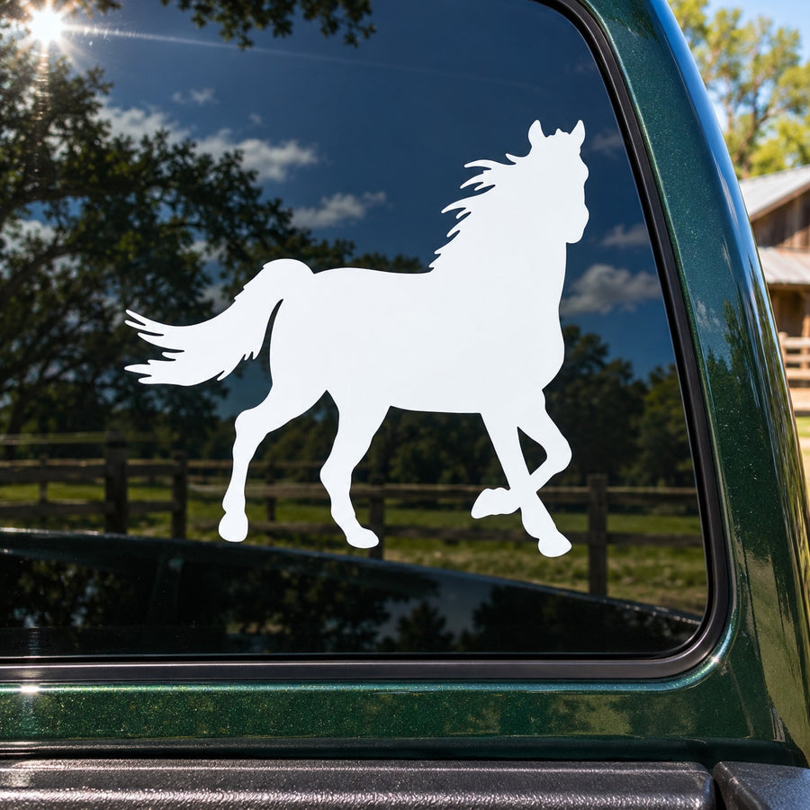 White stallion posing decal silhouette on car window