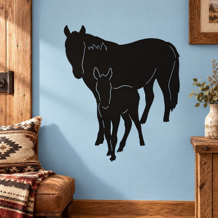 Horse and foal wall decal, black silhouette with white line art details
