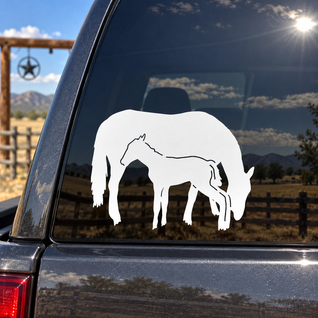 Horse and foal outdoor decal sticker, white silhouette for car window