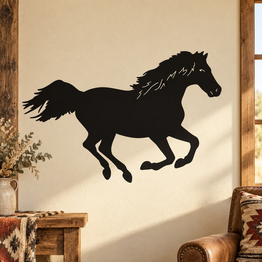Black running horse vinyl decal silhouette, long mane and lifted tail