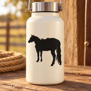 Standing horse silhouette decal on a white bottle