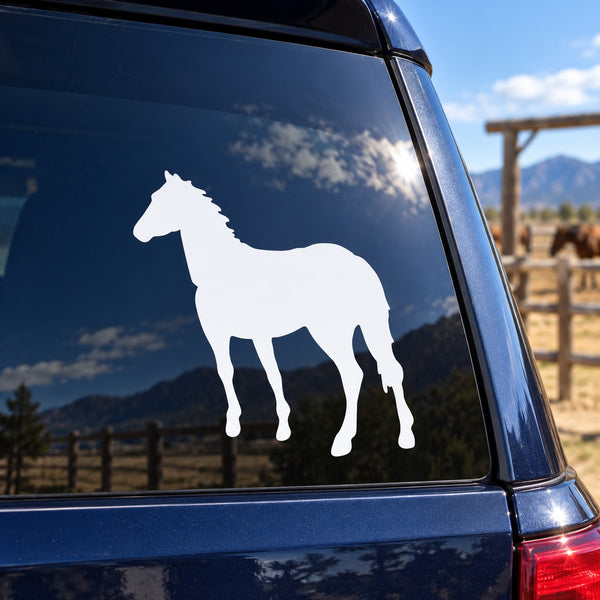 Horse leaning forward decal with white silhouette on dark vehicle window