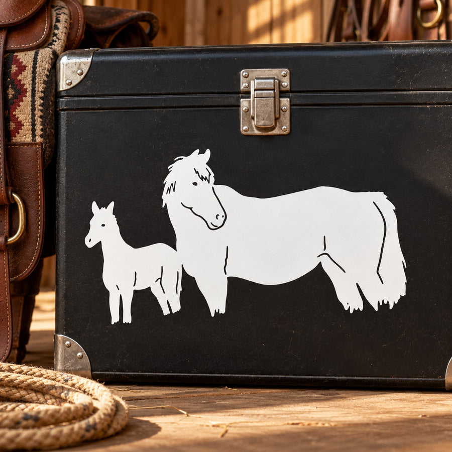 Horse and foal silhouette decal in white on black case