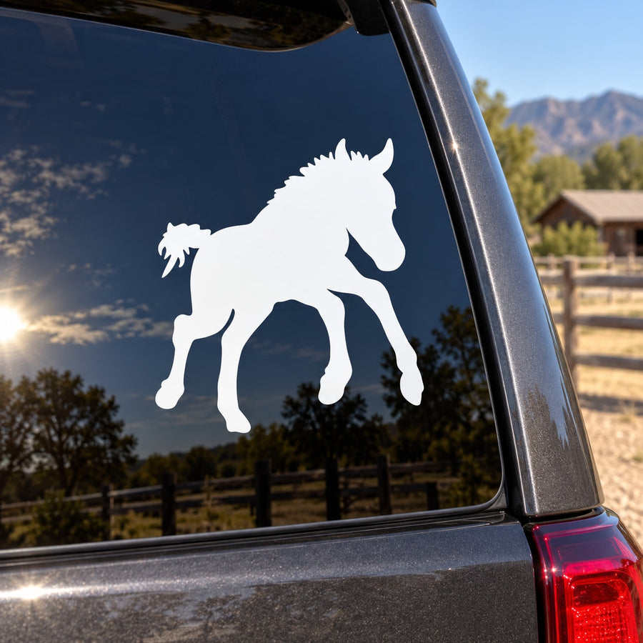 White leaping foal vinyl decal on car window glass