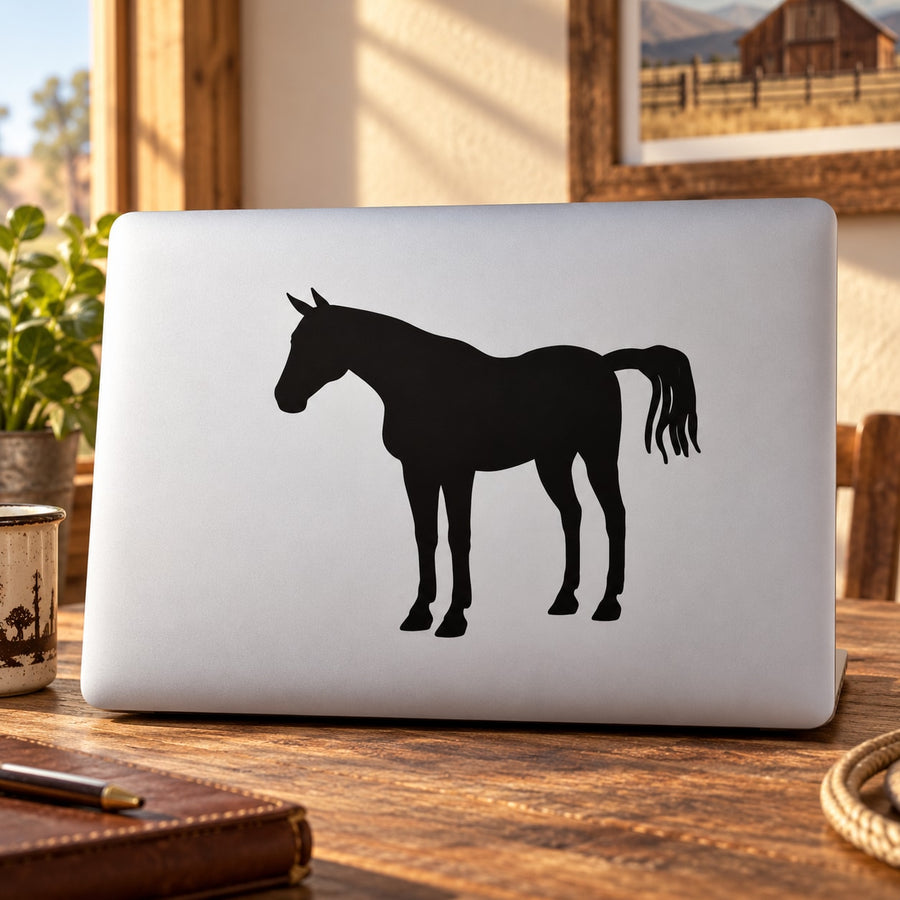 Standing horse silhouette decal, black on a white rectangular background
