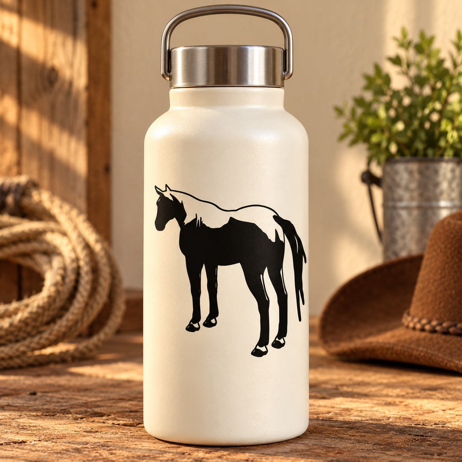 Black stallion turning away graphic decal on white bottle