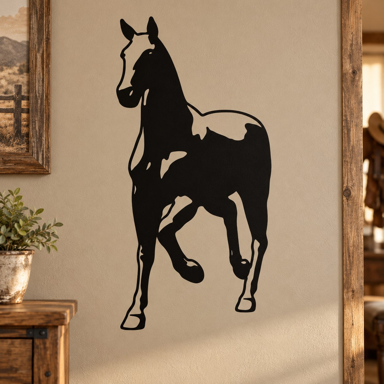 Black horse silhouette wall decal with reins detail