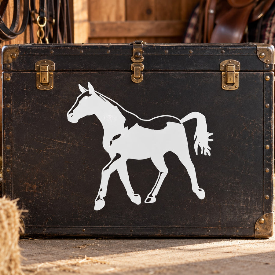 Strutting horse decal, white horse silhouette on a dark surface.