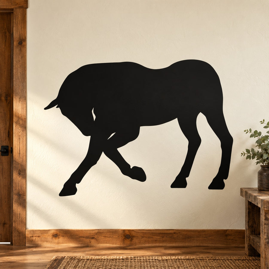 Black bowing horse silhouette wall decal with slim tail and bowed posture