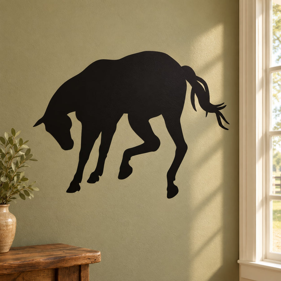 Kicking Horse silhouette decal, dark horse figure with raised tail, wall decoration