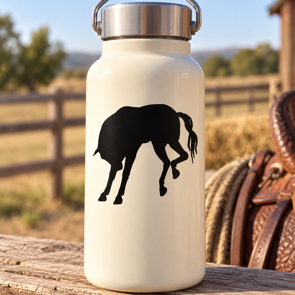 Angry Horse kicking silhouette decal with black horse figure on a white bottle