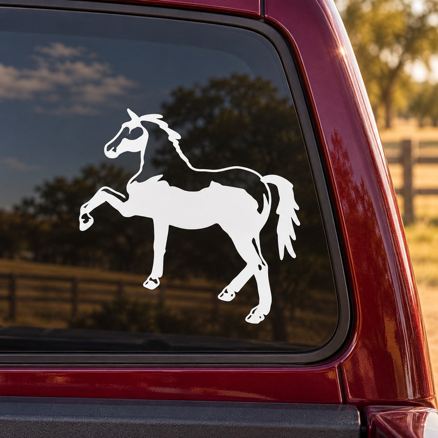 White trotting horse vinyl decal for car window, horse silhouette in motion