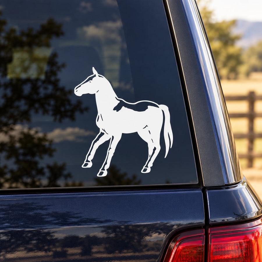 Pausing horse decal, white outline horse on dark surface