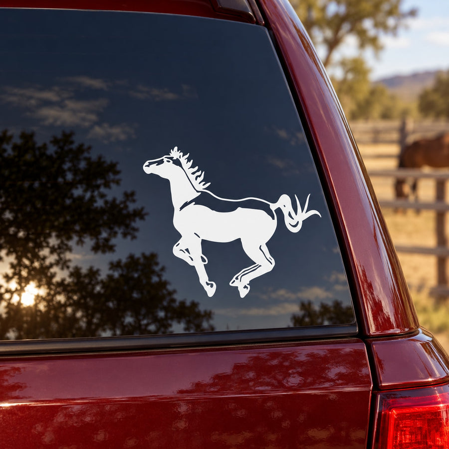 White galloping pony decal on car window glass