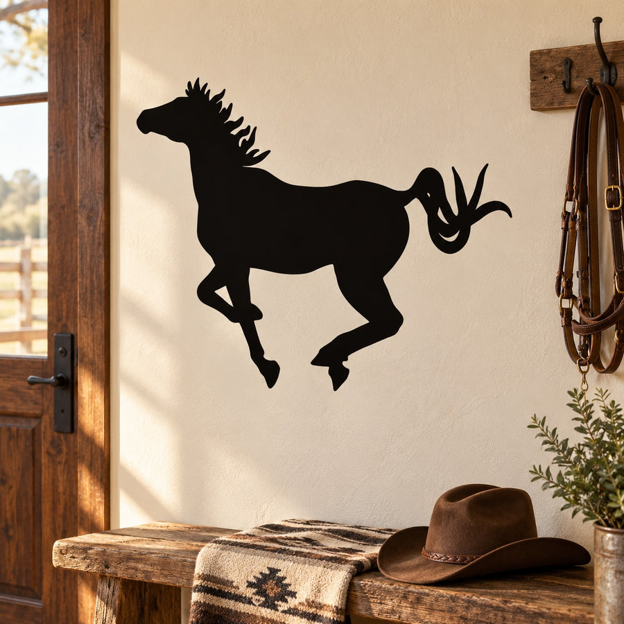 Galloping pony silhouette decal, black horse outline with motion legs and mane