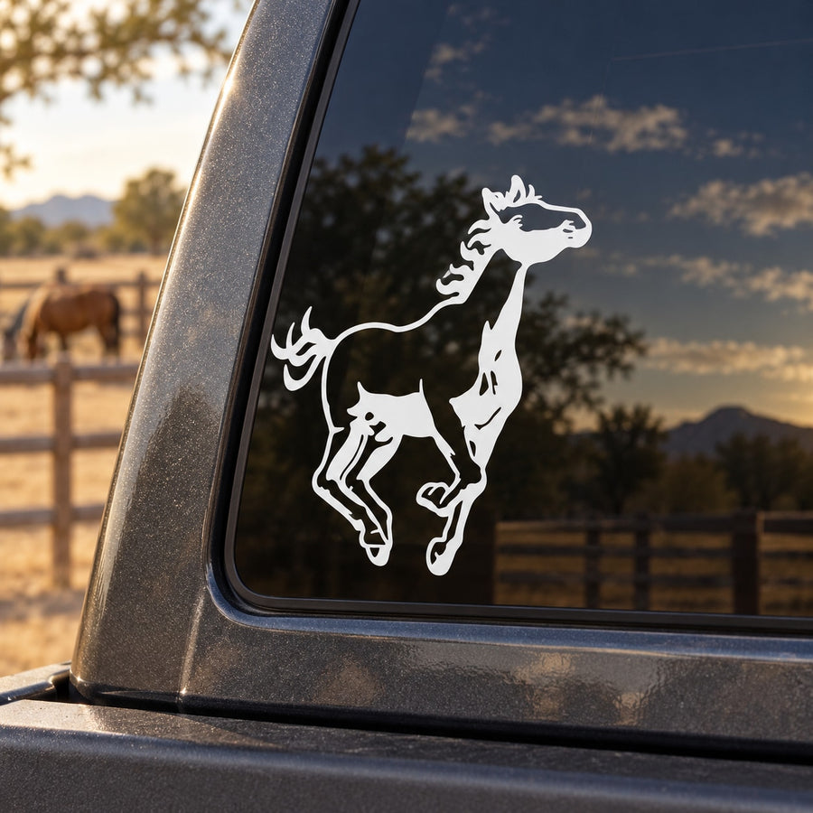 Hopping pony decal with white outline of jumping rearing pony