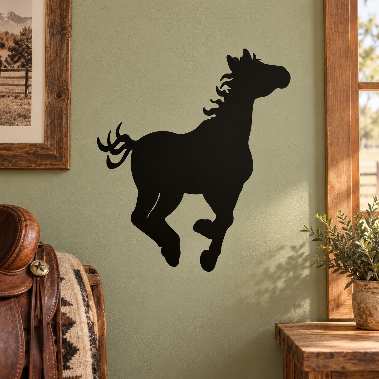 Black hopping pony silhouette wall decal with raised front legs