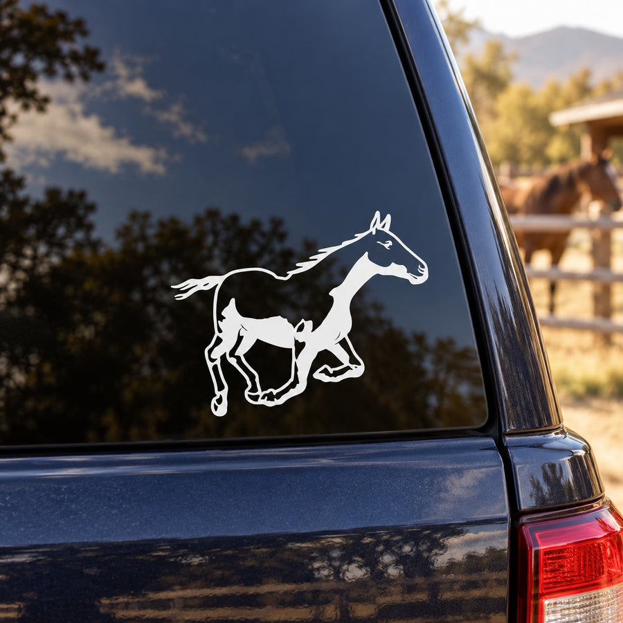 Darting pony car decal, white silhouette on dark window