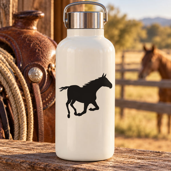 White water bottle with black darting pony silhouette decal and metal lid