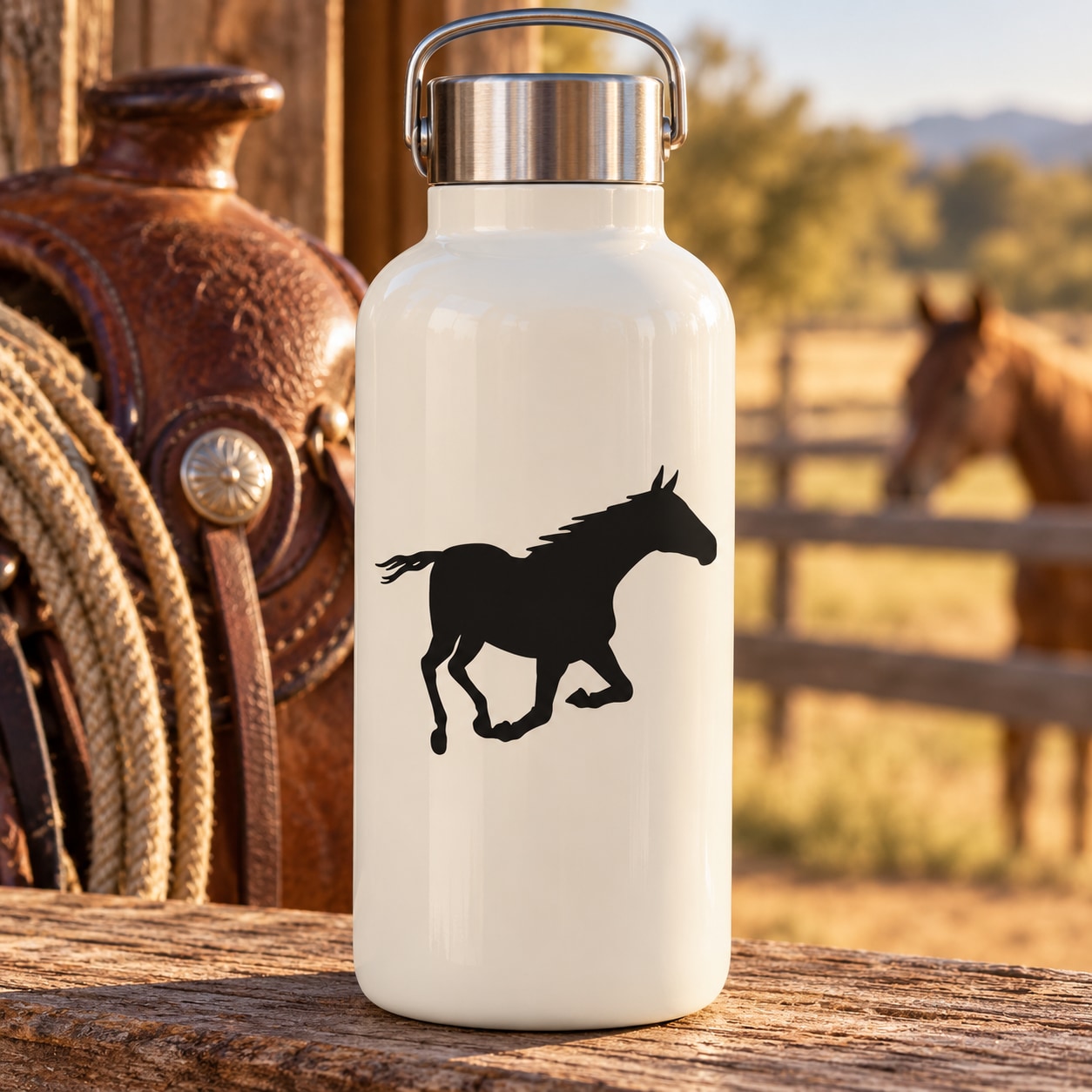 White water bottle with black darting pony silhouette decal and metal lid