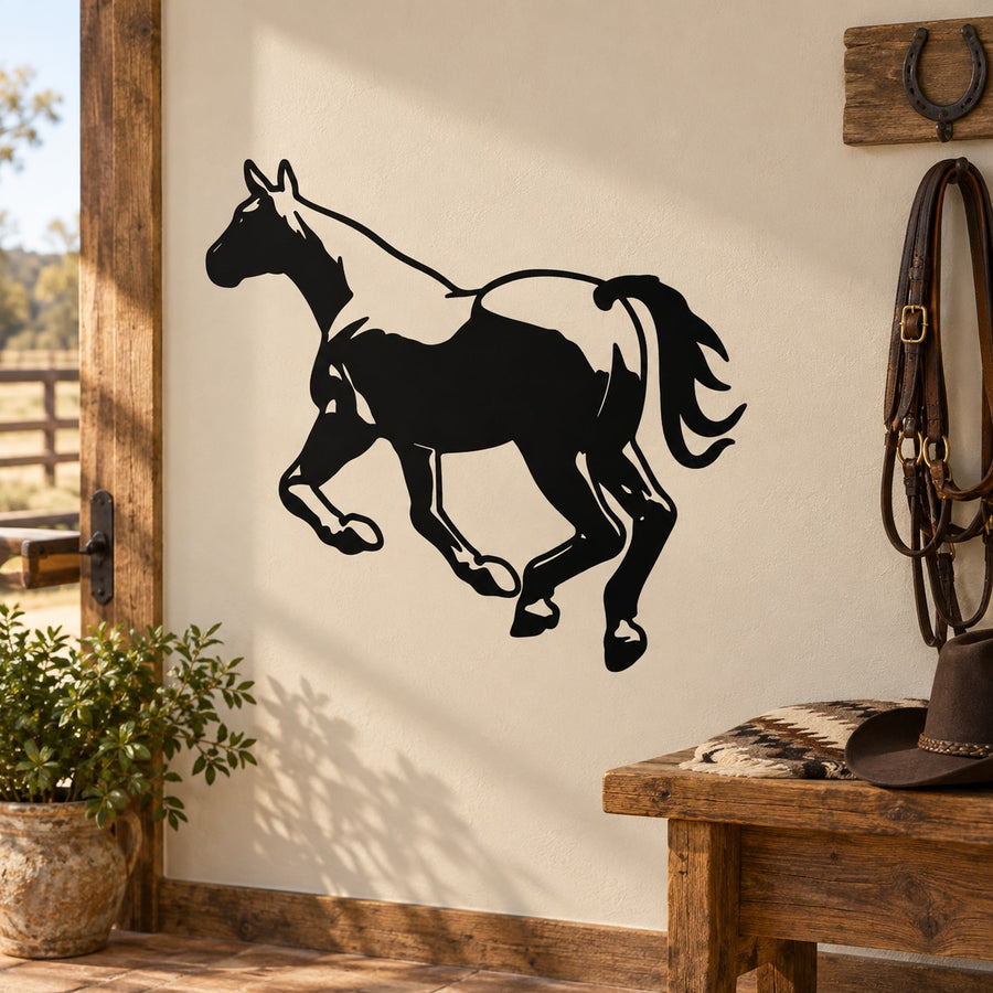 Black running horse wall decal silhouette with escape design