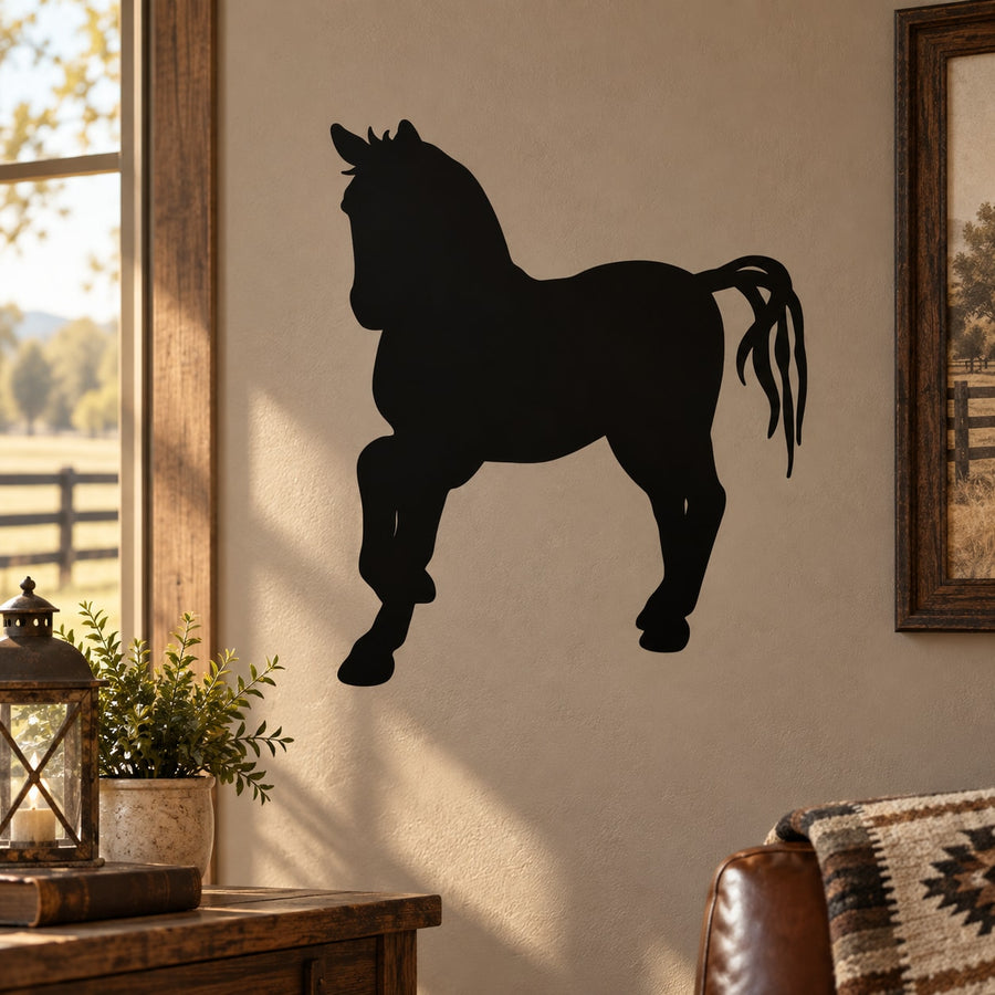 Horse silhouette decal with pony pose and flowing tail, black