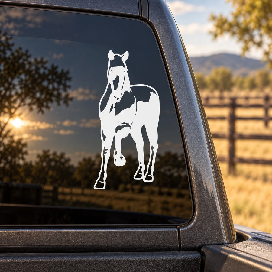 White outline pony pose decal for car window, pony standing with head lowered