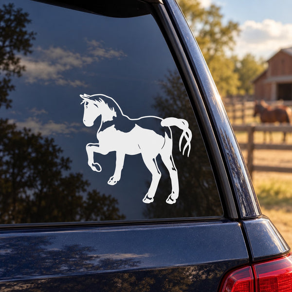 Trotting pony decal in white silhouette on car window