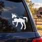 Trotting pony decal in white silhouette on car window