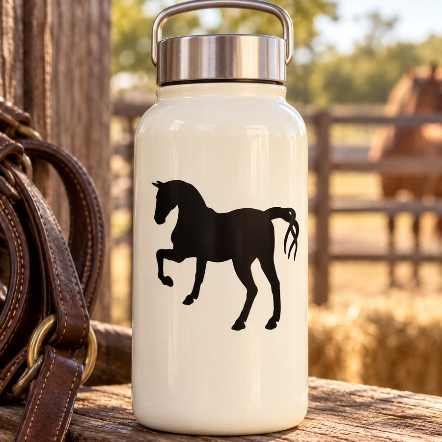 Walking horse silhouette decal in black on white bottle surface