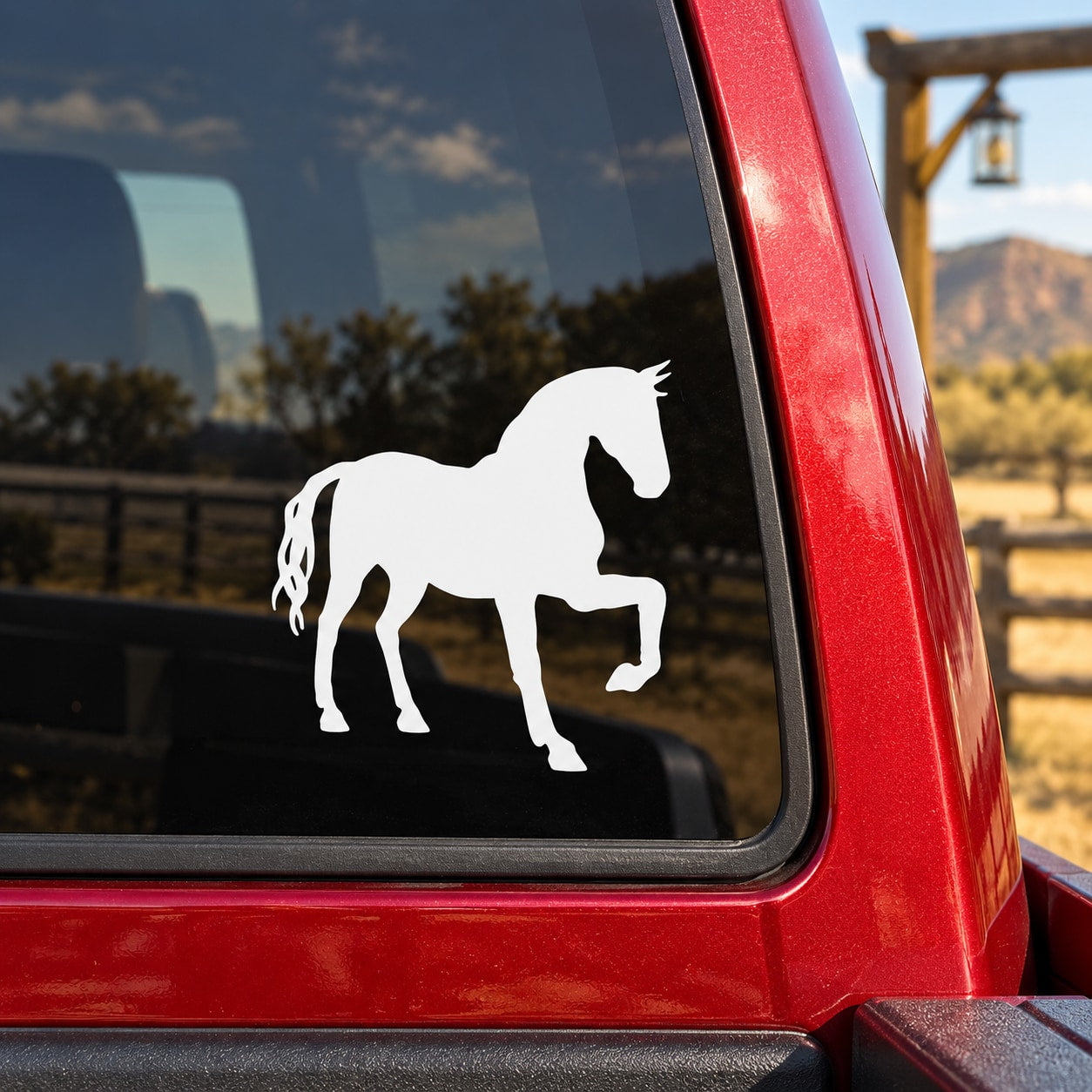 White horse silhouette decal for car window on red vehicle trim