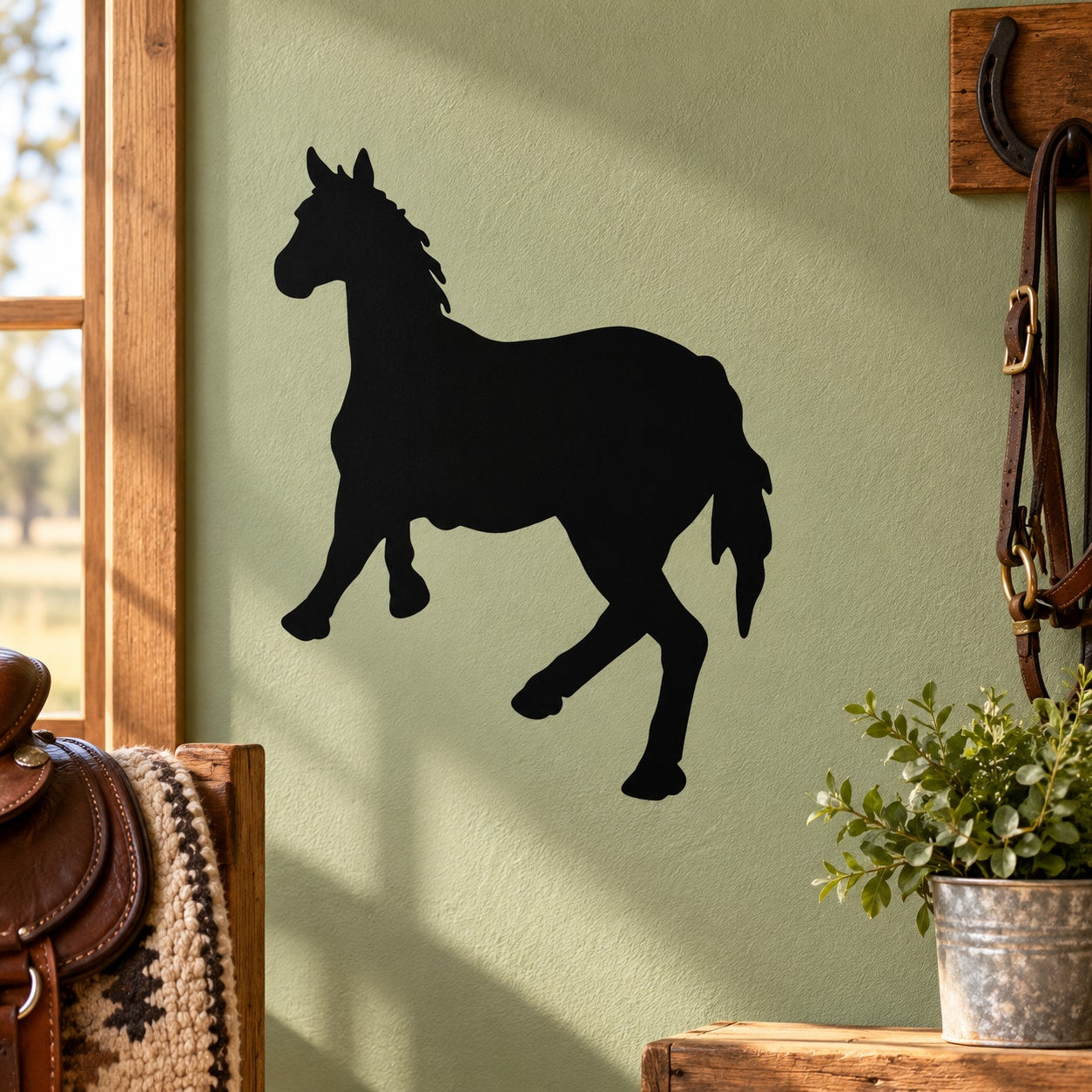 Black horse silhouette decal, walking away stance on smooth surface