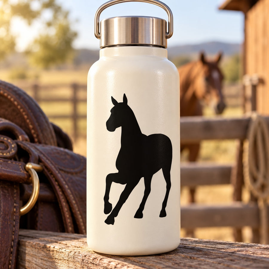 White bottle with black pony silhouette decal on the front