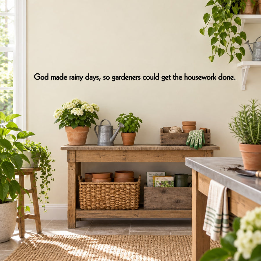 Wall decal text: 'God made rainy days, so gardeners could get the housework done.'
