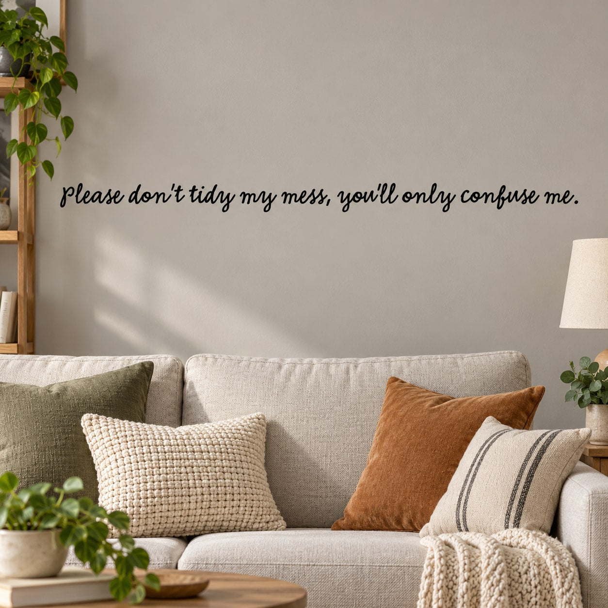 Wall decal with cursive quote: "please don't tidy my mess"